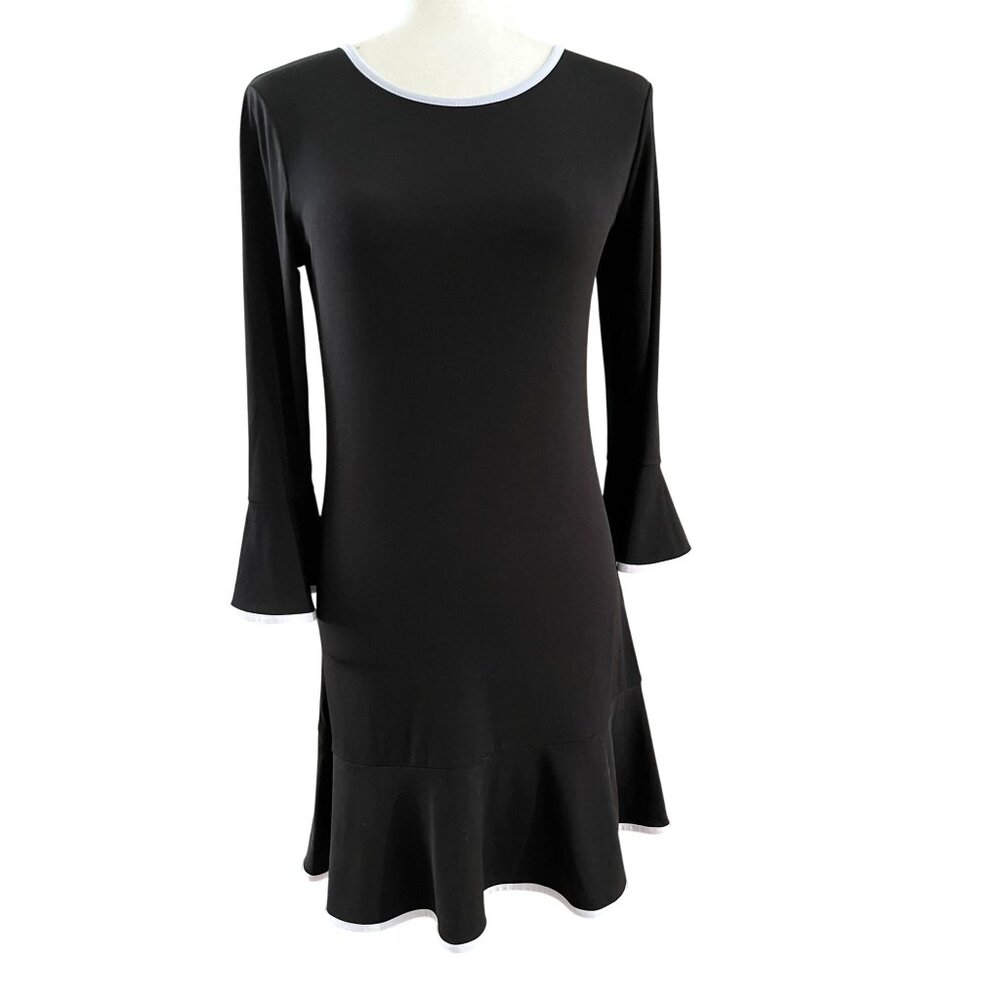EUC Michael Kors Black Knee Length Dress with Bell Sleeves White piping accent